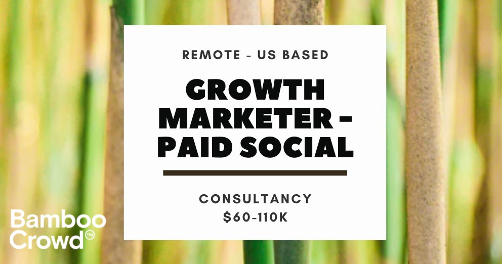 GROWTH MARKETER - PAID SOCIAL - Remote (US based) - Join a boutique consultancy that focuses on Innovation, Research &amp; Insights, &amp; Marketing Strategy. If you love working with data &amp; are a wiz across paid social then APPLY NOW! buff.ly/2Wz39y1