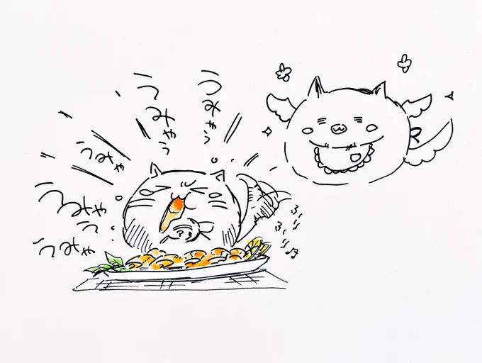 スモークサーモンが美味しくて、うみゃうみゃ言っちゃうニャカさん。#だかいち 