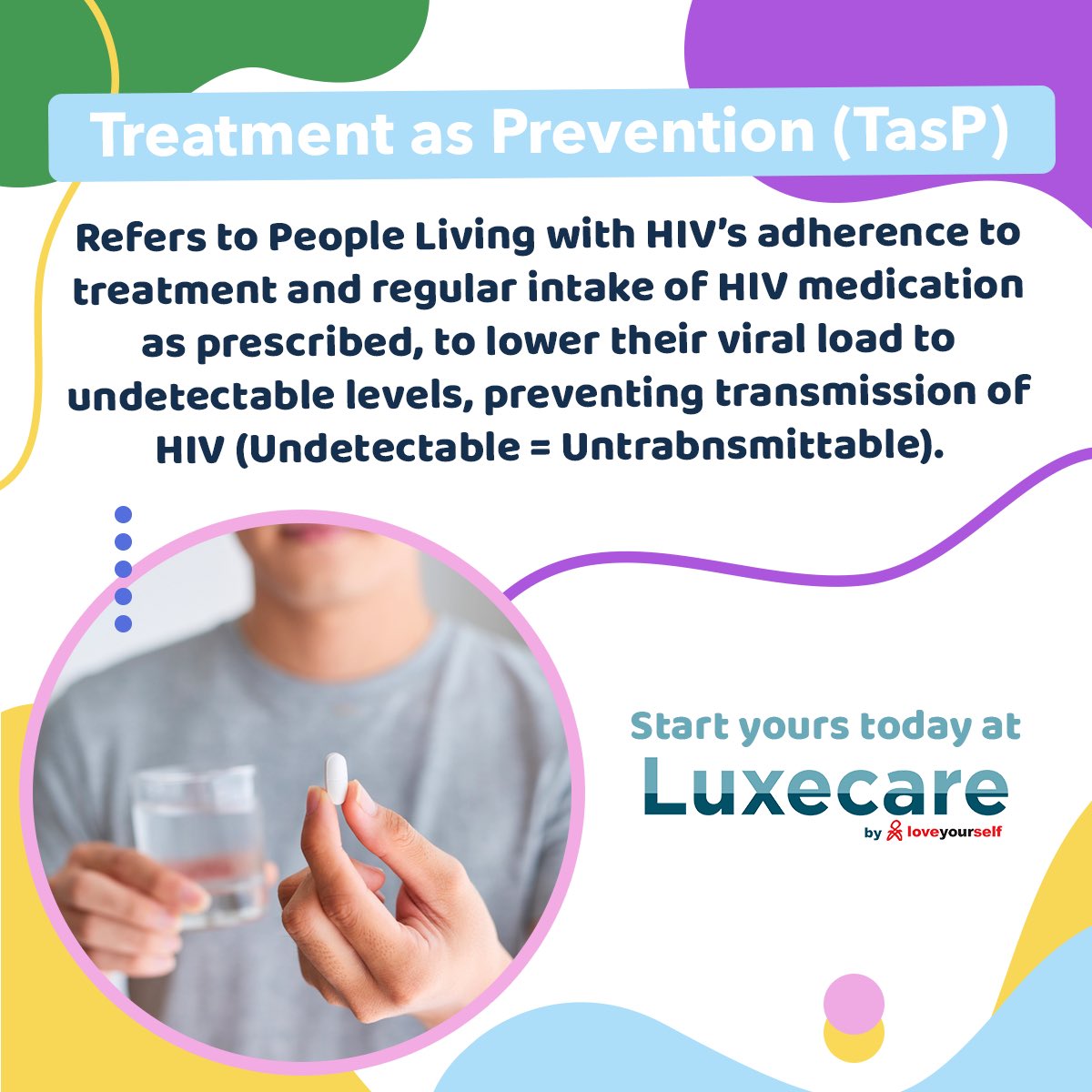 DID YOU KNOW⁉️

Treatment as Prevention (TasP)
Refers to People Living with HIV's adherence to treatment and regular intake of HIV medication as prescribed, to lower their viral load to undetectable levels, preventing transmission of HIV (U = U) 

bit.ly/LuxeCareBooking