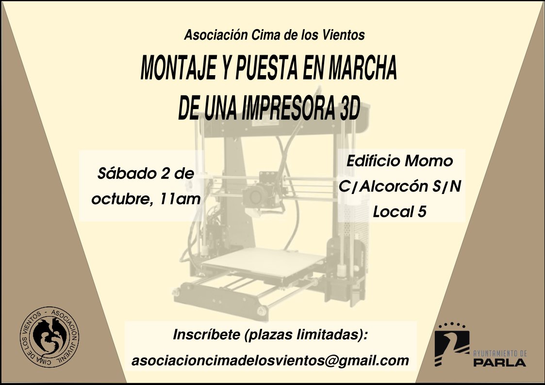 CimadelViento's tweet photo. El taller de montar y calibrar una impresora 3D es ya este sábado y aún tenemos plazas libres.

@Juventud_Parla no conocerás a alguien que le pueda interesar y no se haya enterado, verdad? https://t.co/JgugZBvKsf