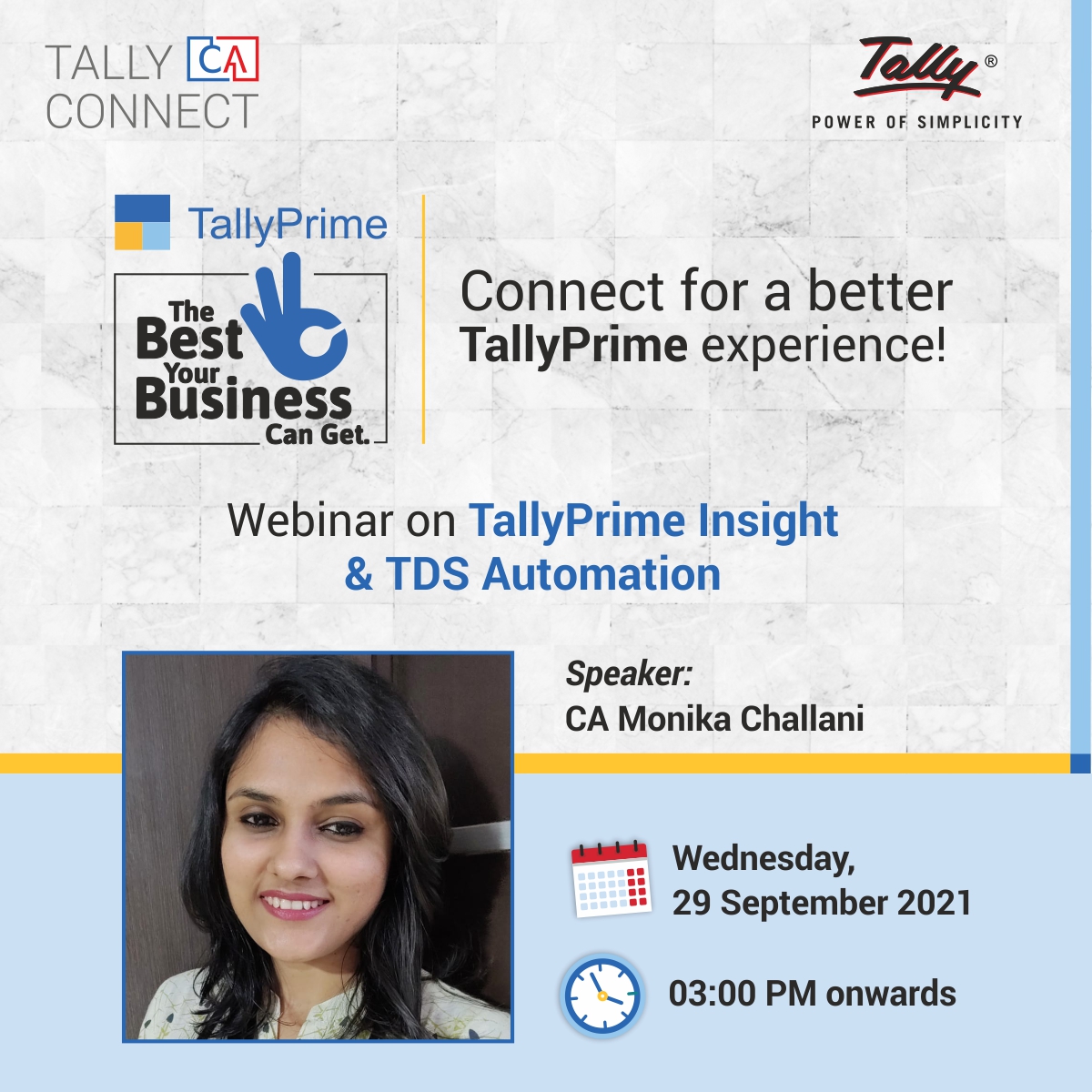 tallysolutions's tweet image. Presenting the next webinar in our weekly 🤝CA Connect series - on all you need to know about TallyPrime 2.0!

Register for the next webinar at 👉 bit.ly/tcc290921

Check out all our webinars at 👉 bit.ly/tallycaconnect

#WebinarsByTally #CAConnect #BestForBiz