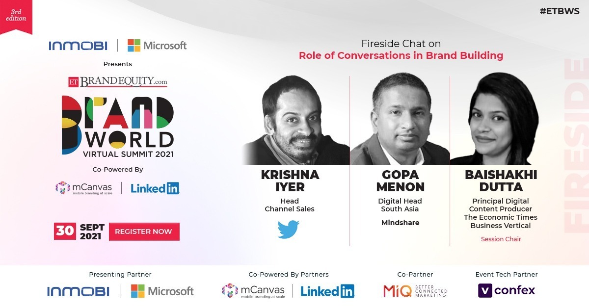 What is #ConversationalMarketing & why do brands need it now? Join this intriguing session at #ETBWS where @krish_iy, Head, Channel Sales, @TwitterIndia & Gopa Menon, Digital Head South Asia, @Mindshare_In will be discussing this & much more.
 
Register : bit.ly/3jRSXIL