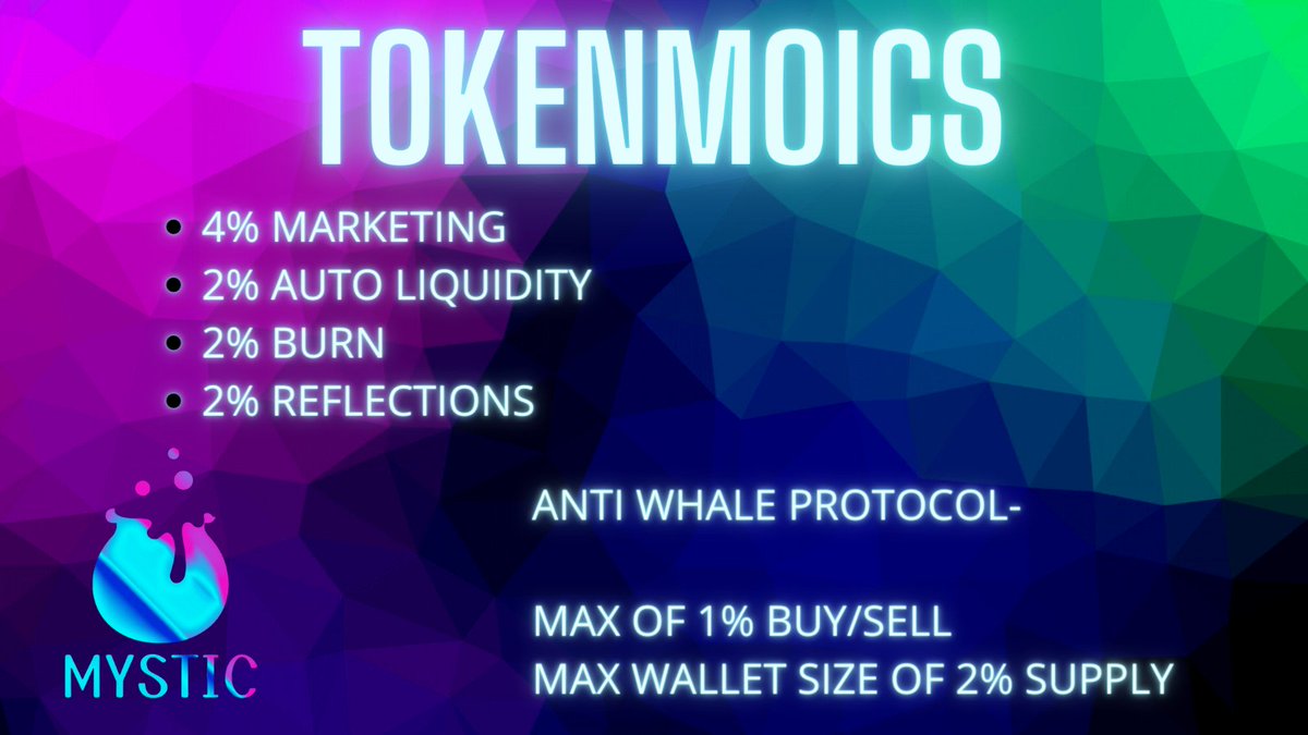 CONTRACT HAS BEEN FINALIZED 🔥🔥🔥

Burn ✅
Marketing  ✅
Reflections ✅
Auto Liquidity ✅
Anti Whale Protocol✅

Presale is being announced on our Telegram tomorrow!

t.me/MysticToken

#BSCGems #NewCoin #doge #shiba #BNB #BSC #CryptoGems #BTC