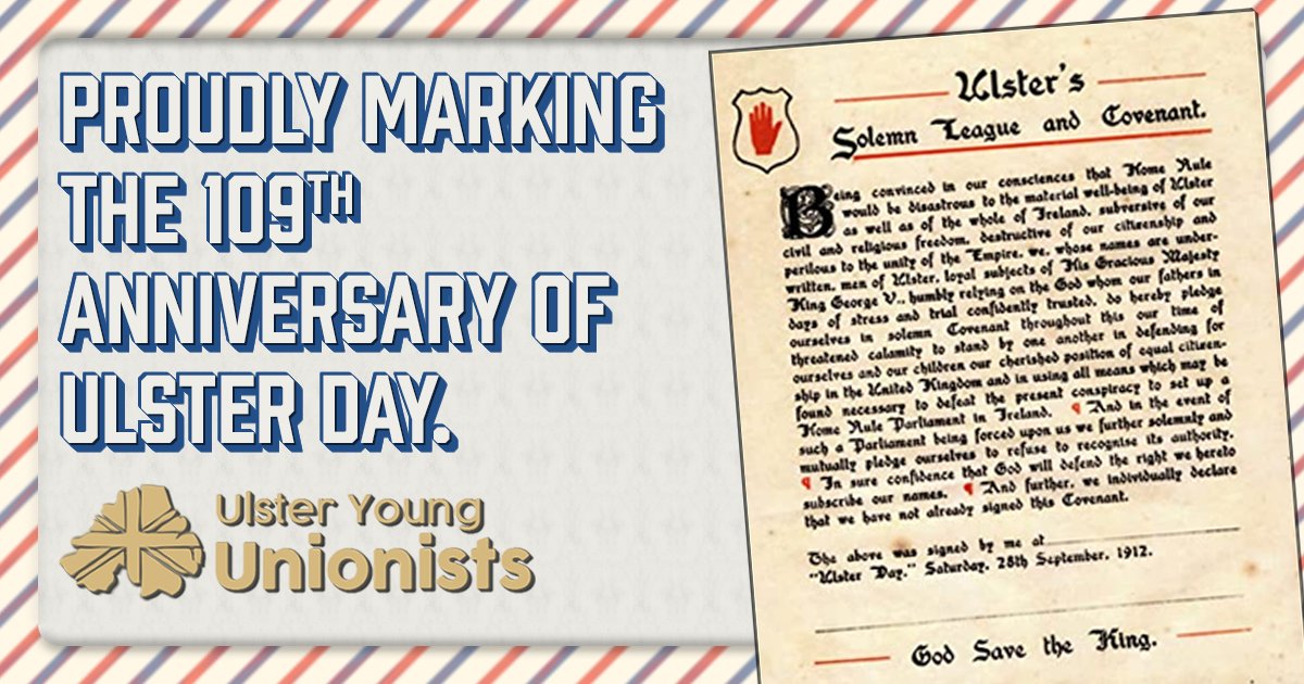 YoungUnionist's tweet image. Northern Ireland's centenary offers us an opportunity to reflect on the events that have shaped our nation.

109 years on from the Ulster Covenant, we recall the commitment that 471,414 people made to defend their cherished position of equal citizenship within the United Kingdom.