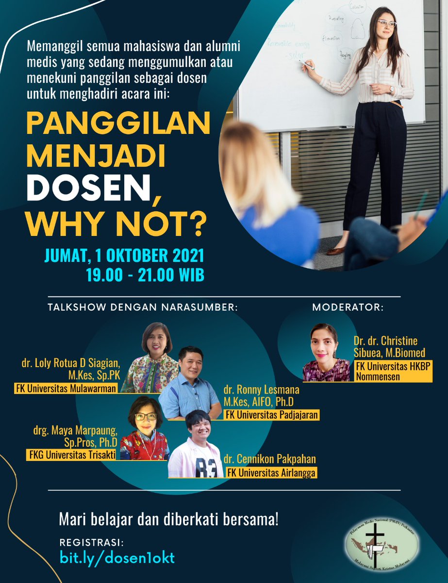 Ditunggu kehadirannya Jumat malam, tgl 1 Oktober 2021.
Talkshow menarik bagi semua yg terpanggil / sedang menekuni panggilan dosen medis Kristen.
Registrasi: bit.ly/dosen1okt