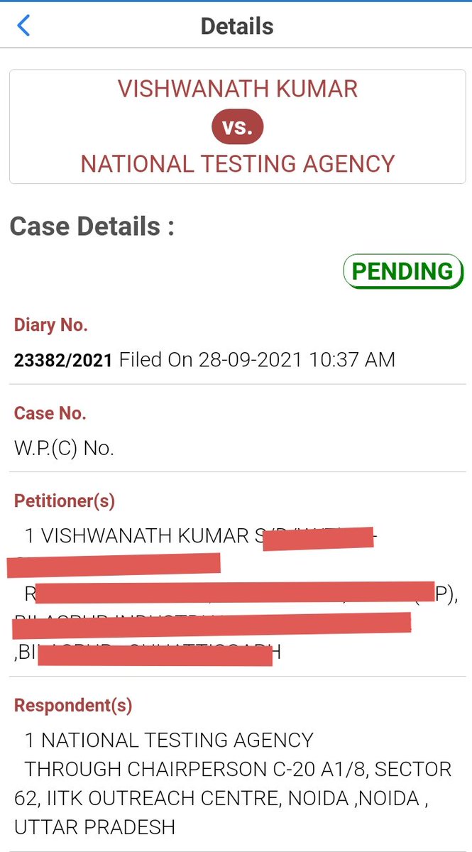 ActivistSukhpal's tweet photo. #NEETUG2021 #SupremeCourt
Update being shared as received. Diary No. 23382/2021
At times it may take time to get updated. Will share further details ASAP in VC at 4 PM. Thanks 
#FAIRNEET  #NeetPaperLeaked https://t.co/WYZkWVNkJd