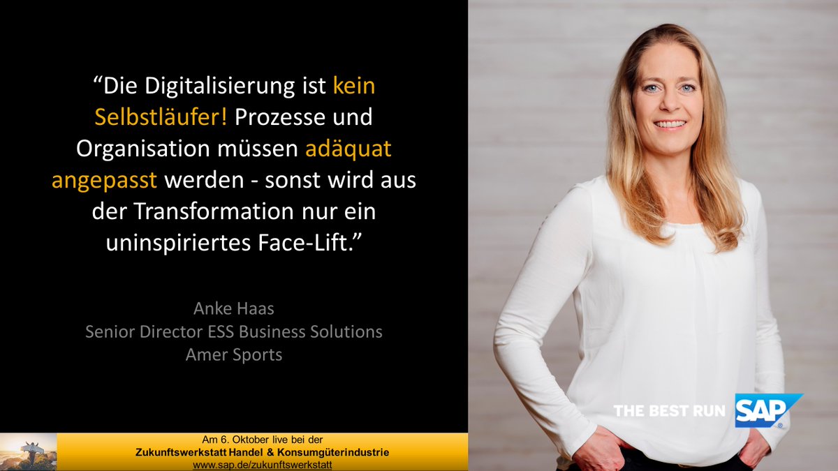 Zukunftswerkstatt - noch 8 Tage 
Mit Anke Haas, Senior Director bei Amer Sports, diskutieren wir, warum die Digitalisierung kein Selbstläufer ist. Hier können sie zuhören: url.sap/b9jn0e.

#DigitalTransformation #retailers <a href="/SAP_Retail/">SAP Retail</a> <a href="/IFHKoeln/">IFH KÖLN</a> <a href="/ITOnlinemagazin/">IT-Onlinemagazin</a>