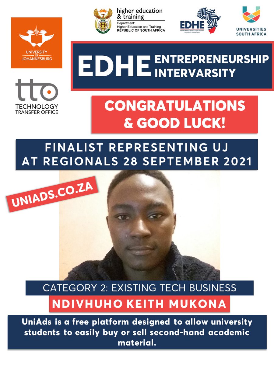 go2uj's tweet photo. Good luck Ndivhuho, Ntombi and Siphumeze at the EDHE Entrepreneurship Intervarsity Regionals! Join the UJ Technology Transfer Office at 12:00 as we support our studentpreneurs. Event streamed live on Facebook #UJTTO #EDHEIntervarsity2021
https://t.co/fILcEzqkpB https://t.co/Wyub9RChZd