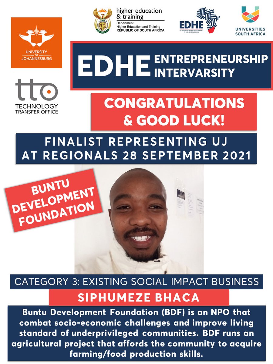 go2uj's tweet photo. Good luck Ndivhuho, Ntombi and Siphumeze at the EDHE Entrepreneurship Intervarsity Regionals! Join the UJ Technology Transfer Office at 12:00 as we support our studentpreneurs. Event streamed live on Facebook #UJTTO #EDHEIntervarsity2021
https://t.co/fILcEzqkpB https://t.co/Wyub9RChZd