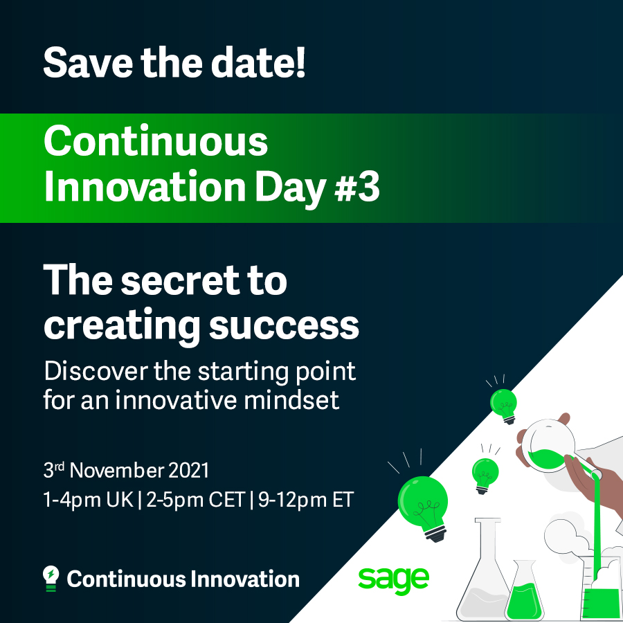Since I joined <a href="/sagegroupplc/">Sage</a> I've discovered innovative &amp; brilliant minds with disruptive methodologies,creative ideation &amp; inspiring events. 
Join #ContinuousInnovationDay on Nov 3rd: 3-hour-free virtual networking event 
➡️ Sign-up here: lnkd.in/e2SiJbBJ
#LifeAtSage