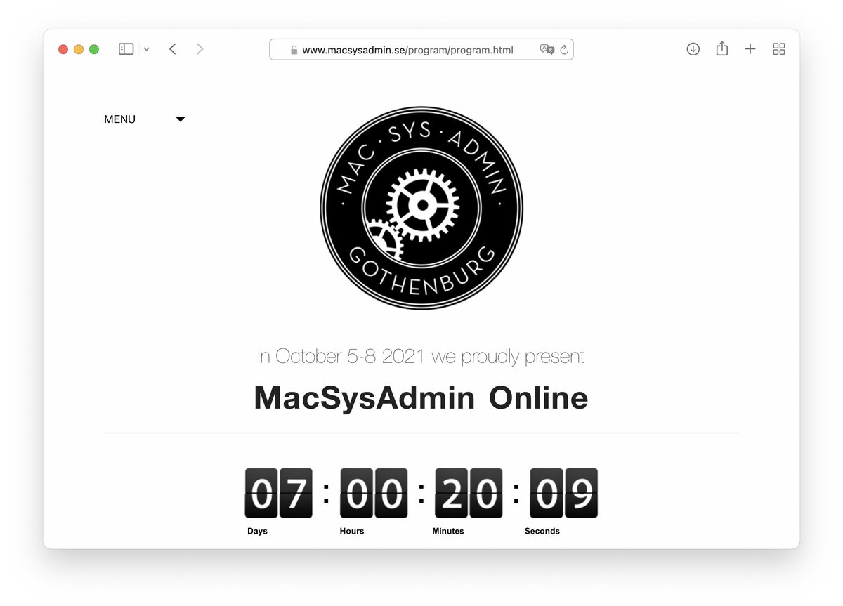head_min's tweet image. #MacSysAdmin - 7 day countdown for this great #macadmins conference. Stay tuned! October 5-8 2021