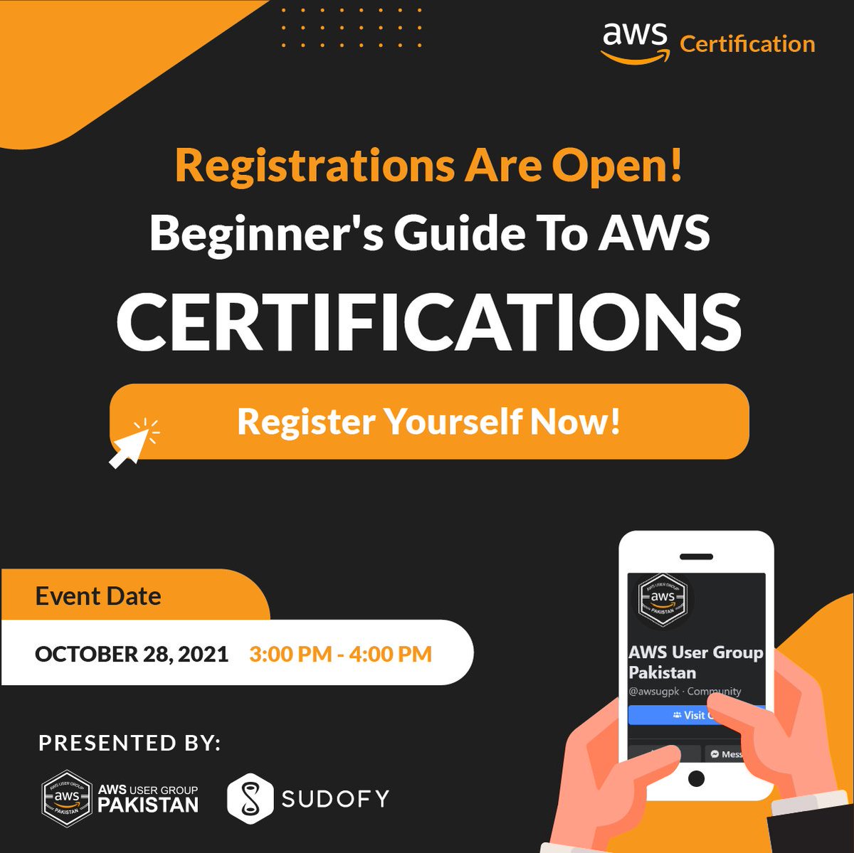 awsugpk's tweet photo. AWS User Group Pakistan is bringing together a powerful event for you that is Beginner’s Guide to AWS Certifications. 
Register Now: https://t.co/hDIZ5lUeB4 

#aws #awscommunitypakistan #awsusergroups #awsusergroup #awscommunity #cloudcomputing #cloud #awspakistan #technology https://t.co/v0Zv4jzUHd