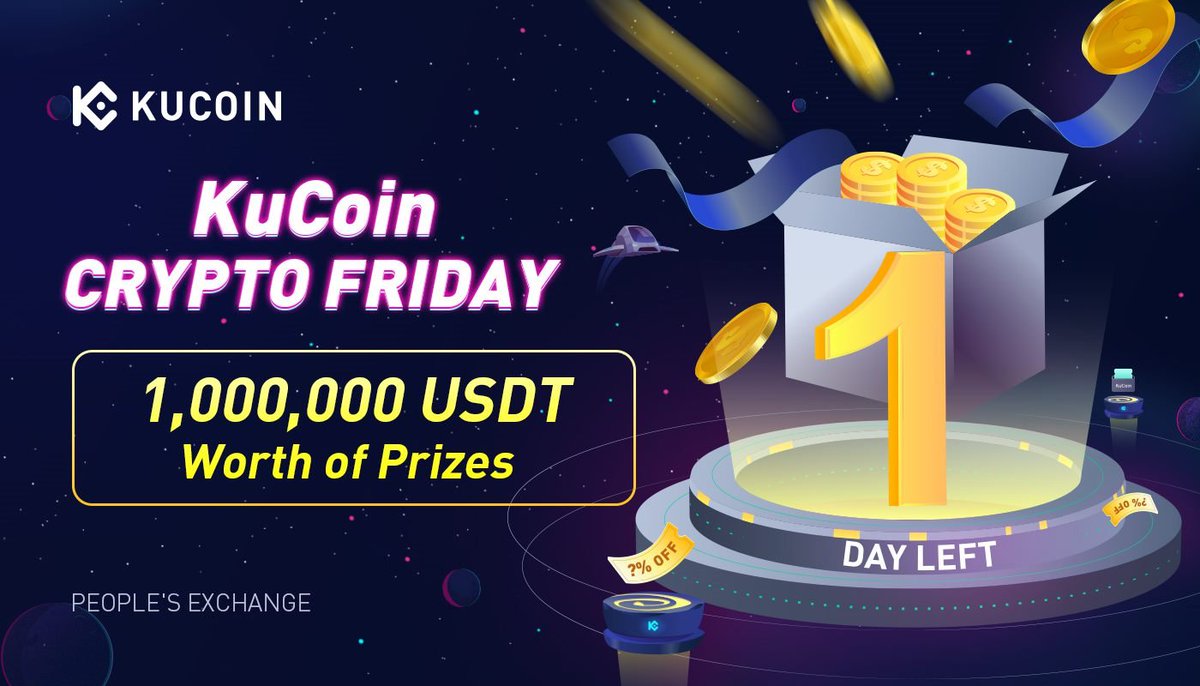 Countdown 1⃣ day!!!

1,000,000 $USDT worth of prizes to be shared at #KuCoinCryptoFriday

More info: kucoin.com/news/en-kucoin…

✅ Follow <a href="/kucoincom/">KuCoin</a>
✅ Retweet this post with the hashtag #KuCoinCryptoFriday
🎁 We will select 10 winners on Sep 29 to get 20 $USDT each