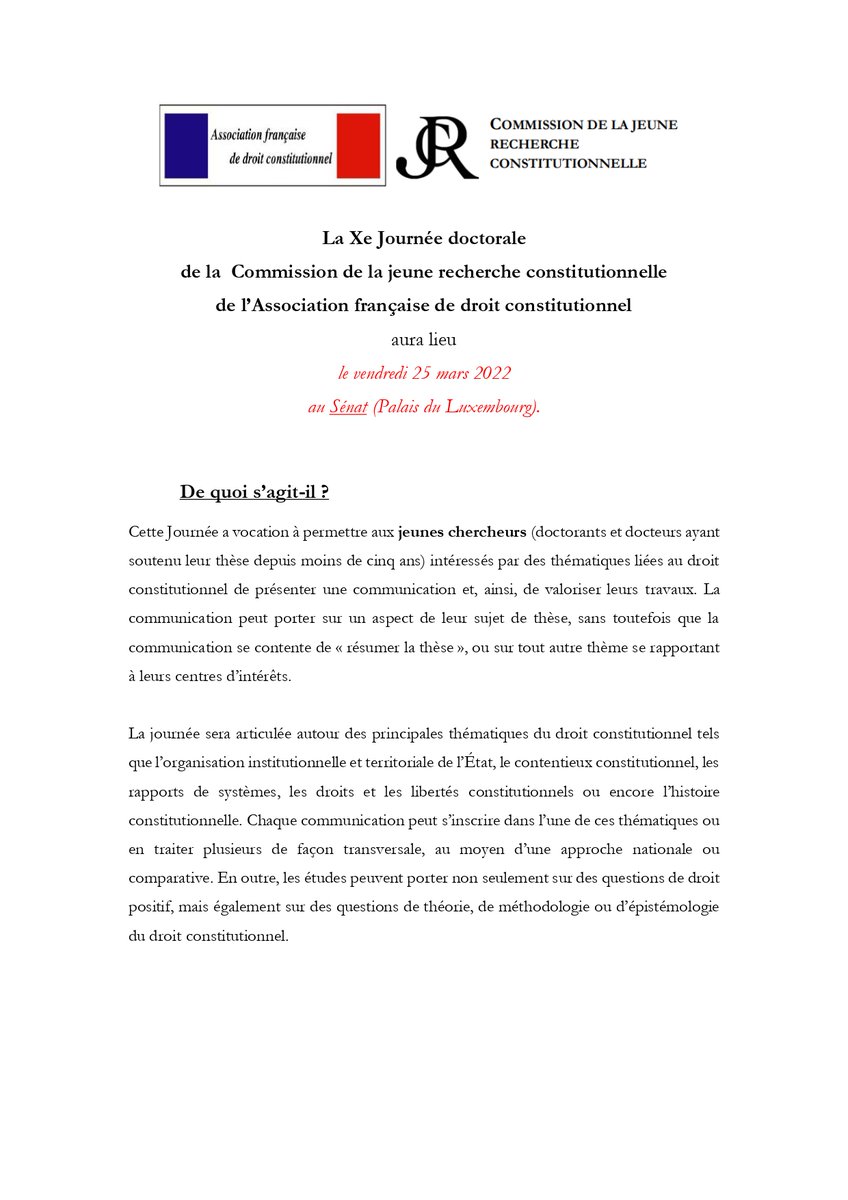 Commission_JRC's tweet photo. 👋Appel à communications👋

Le 25 mars 2022, aura lieu au Sénat la Xe Journée doctorale de la Commission de la jeune recherche constitutionnelle. 

Jeunes chercheurs, vous avez jusqu'au 19 décembre 2021 pour proposer une contribution !

Toutes les infos, ici 👇 https://t.co/fTZQnhEvg1