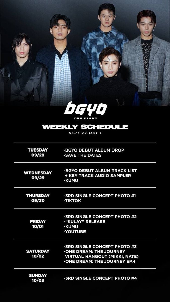 bgyo_ph's tweet photo. #BGYO | Schedule for the week
#BGYOdebutAlbum https://t.co/1s95nJJzLO