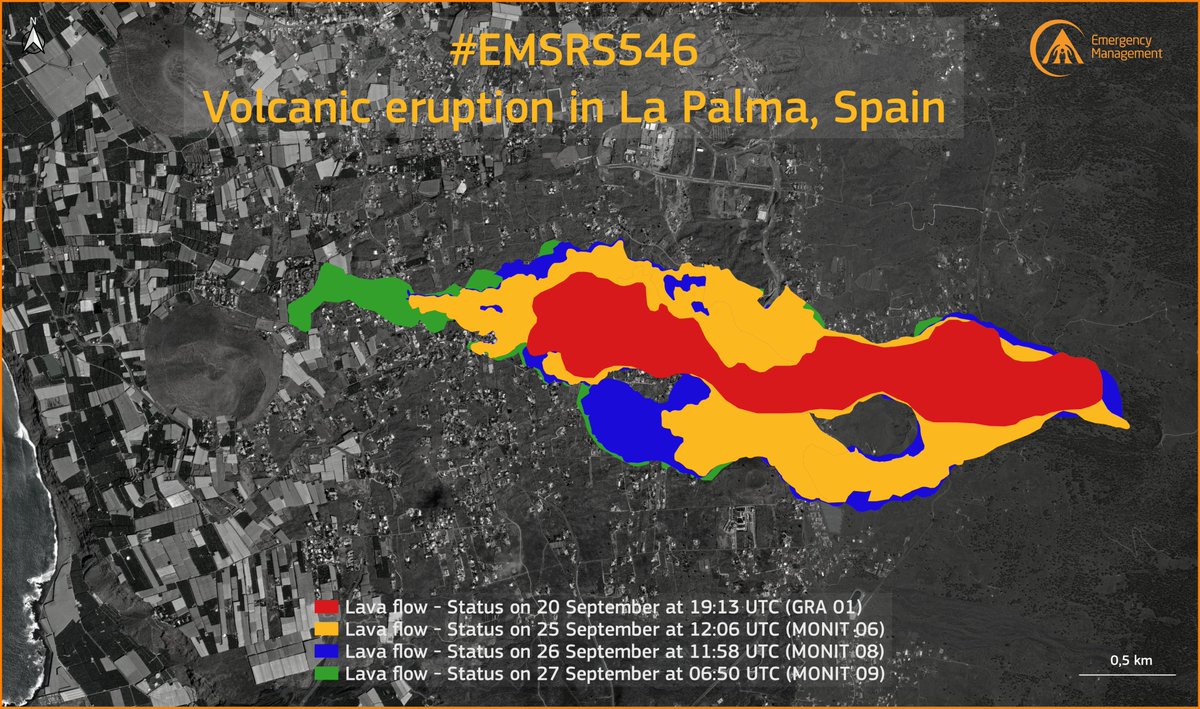 #EMSR546 #ErupciónLaPalma

Our #RapidMappingTeam has released its 9th monitoring product for #LaPalma 🇪🇸 using a new radar image

It shows:
🏠589 buildings destroyed (+76 compared to Monit08)
 🌋the lava flow covers 258 ha (+20.5 ha in 19h)
🚧 21 km of roads destroyed