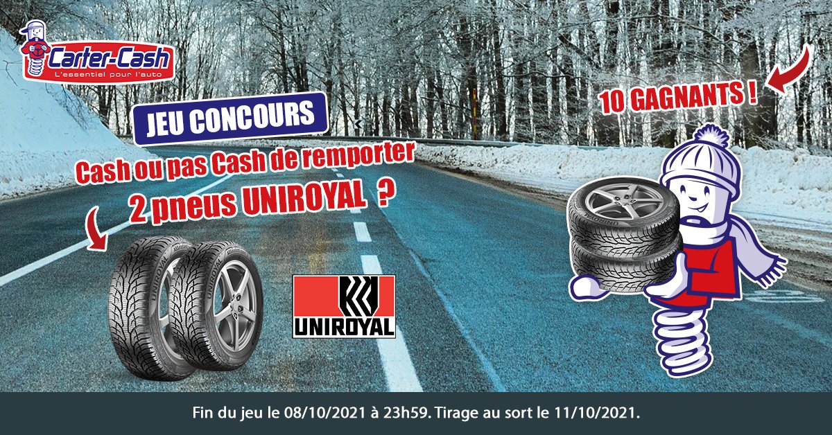 CarterCashAuto's tweet image. 🎁#JeuConcours 🎁

Tentez de remporter vos 2 pneus UNIROYAL !

Pour participer au #concours 👉bit.ly/3kPaTFm
🔁Vous pouvez aussi RT ce Tweet (optionnel)

🍀10 gagnants seront tirés au sort le 11/10/2021

Bonne chance à tous !