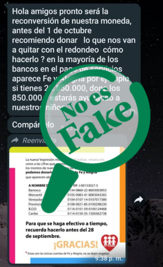 ObservatorioFN's tweet photo. ✅#NoEsFake | Llamado de apoyo a @FeyAlegriaVE a propósito de la #ReconversiónMonetaria.

La institución confirmó la campaña de recolección de fondos. Invitan a donar el monto que será redondeado debido a la eliminación de 6 ceros en la moneda.
https://t.co/IAH66pDYm6 👈 https://t.co/YRzD8AyCyx