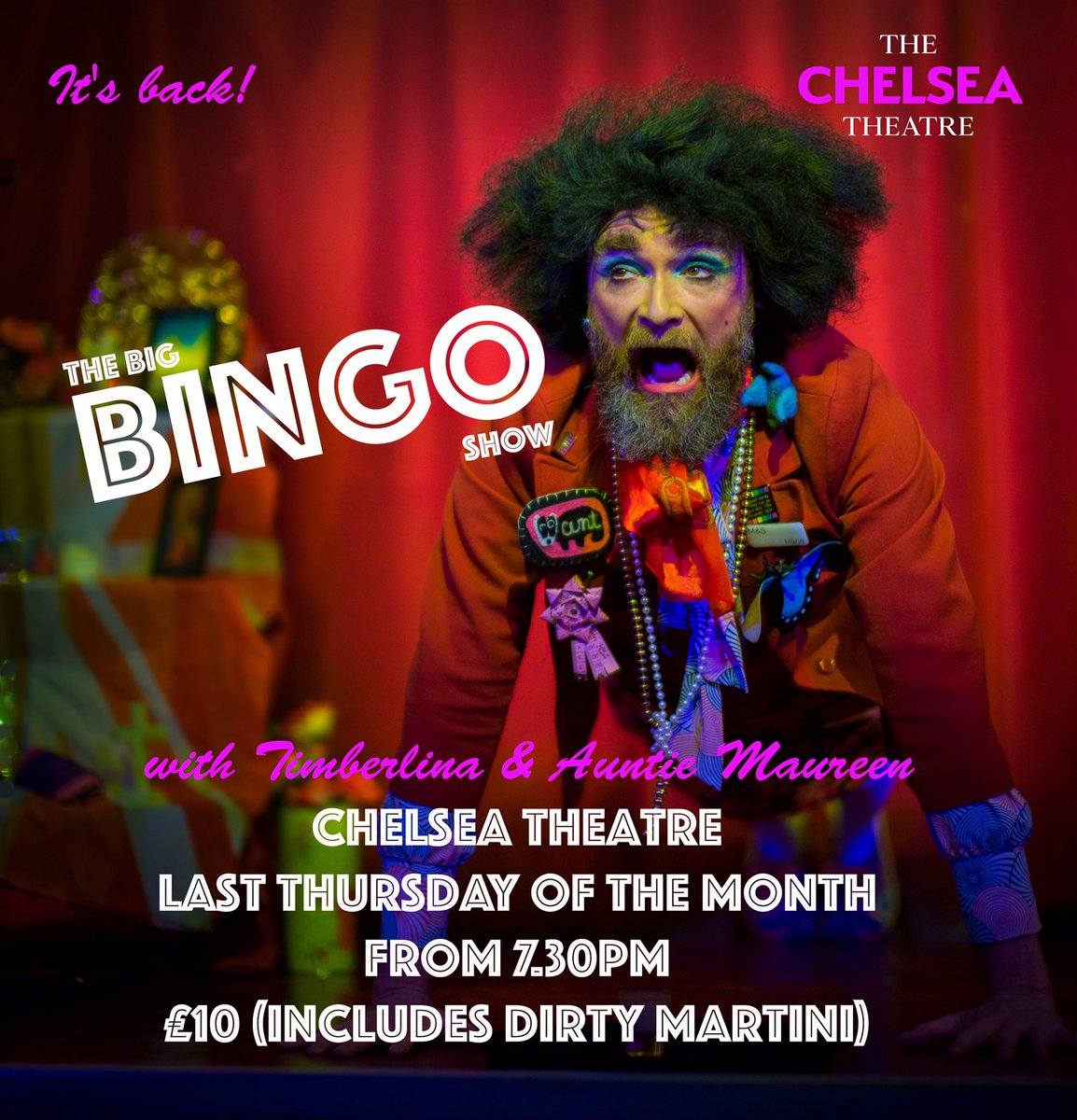 don’t miss the GLORIOUS return of @mstimberlina and the Big Bingo Show with <a href="/Auntie_Maureen/">Auntie Maureen</a> at <a href="/ChelseaTheatre/">Chelsea Theatre</a> this Thursday! Bingo. Dirty. Martini.