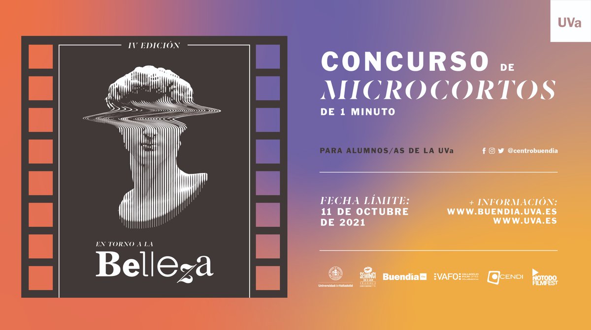 UVa_es's tweet photo. Vuelve el IV Concurso de #Microcortos para estudiantes @UVa_es con la colaboración de @SEMINCI
👉👉Graba en tu móvil como máximo 1 minuto, inspirándote en la temática de la belleza y #Valladolid como escenario de tu creación
🗓️ Hasta el 11 de octubre
ℹ️https://t.co/NBKXxgNHLc https://t.co/iRRnzkRoOn