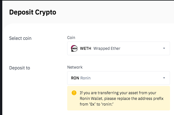 RareAxies's tweet photo. Binance is allowing me to send $SLP, wETH &amp; AXS over Ronin..... 👀 https://t.co/8OEuZazfKx