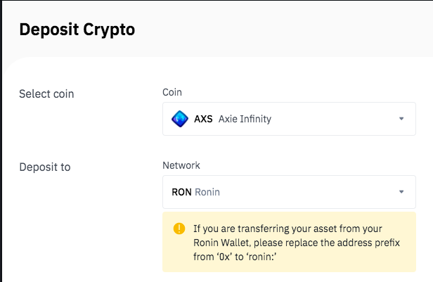 RareAxies's tweet photo. Binance is allowing me to send $SLP, wETH &amp; AXS over Ronin..... 👀 https://t.co/8OEuZazfKx