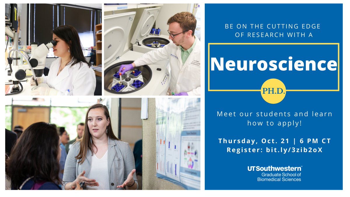 UTSW Graduate School of Biomedical Sciences (@utswgradschool) on Twitter photo If Neuroscience is your thing and a Ph.D. is what you're looking for, look no farther! You have to catch our Virtual Info Session on 10/21 to learn more about <a href="/UTSW_NeuroGrads/">UTSW Neuroscience Graduate Program</a> from our students and how to apply! Register now: bit.ly/3zib2oX If Neuroscience is your thing and a Ph.D. is what you're looking for, look no farther! You have to catch our Virtual Info Session on 10/21 to learn more about <a href="/UTSW_NeuroGrads/">UTSW Neuroscience Graduate Program</a> from our students and how to apply! Register now: bit.ly/3zib2oX