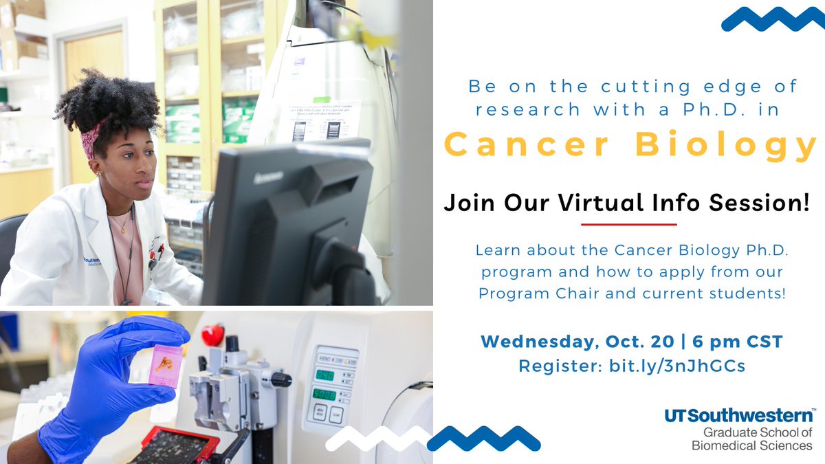 UTSW Graduate School of Biomedical Sciences (@utswgradschool) on Twitter photo ⭐️Call out to the Ph.D. applicants interested in Cancer Biology! Don't miss our Virtual Info Session on 10/20 at 6 PM! Learn more about <a href="/UTSWCancerBio/">UTSWCancerBio</a> from the students, and how to apply! Register today: bit.ly/3nJhGCs ⭐️Call out to the Ph.D. applicants interested in Cancer Biology! Don't miss our Virtual Info Session on 10/20 at 6 PM! Learn more about <a href="/UTSWCancerBio/">UTSWCancerBio</a> from the students, and how to apply! Register today: bit.ly/3nJhGCs