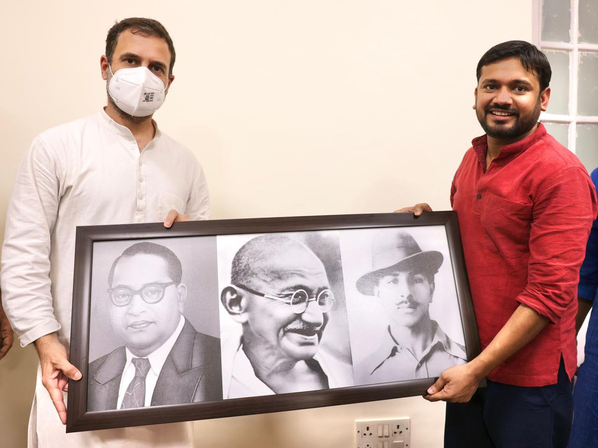 INCIndia's tweet image. Shri @RahulGandhi with Shri @jigneshmevani80 &amp;amp; Shri @kanhaiyakumar at the AICC headquarters.

Our ancestors fought fearlessly to save the idea of India. We will stand together - united &amp;amp; fearless - to do the same.
