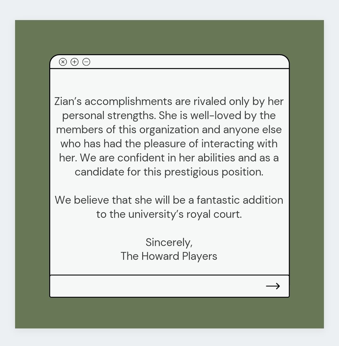 HowardPlayersHU's tweet photo. It is with great pleasure that we, The Howard Players, endorse Zian Lane's campaign "Multi" in her pursuit to become the 2021-2022 Miss Cathy Hughes School of Communications! Best of Luck Zian! 

Learn more on her page @zian_lane
Voting opens on September 30th! https://t.co/cG0uMhB2Tf