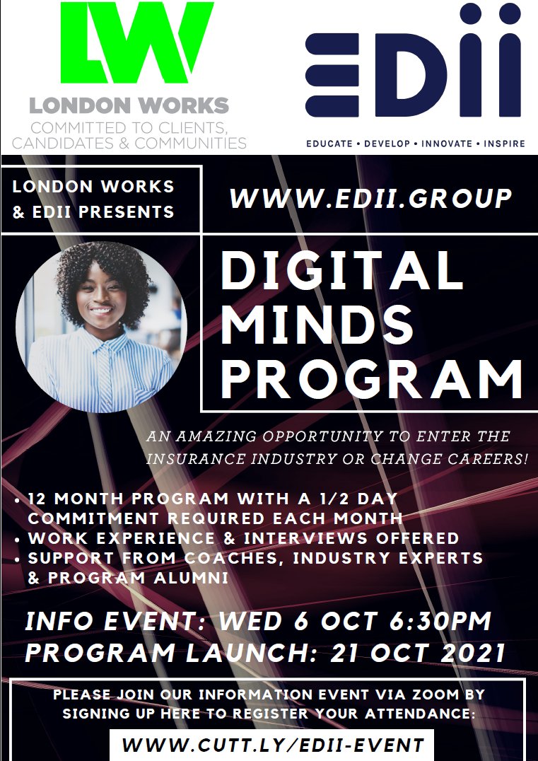 We're hosting another insight event for EDII's Digital Minds program next week: Wed 6th Oct @ 6:30pm Gain insight into a 12-month #career training program that's designed to teach & up-skill new & existing #insurance industry workers! Sign up: cutt.ly/EDII-Event
