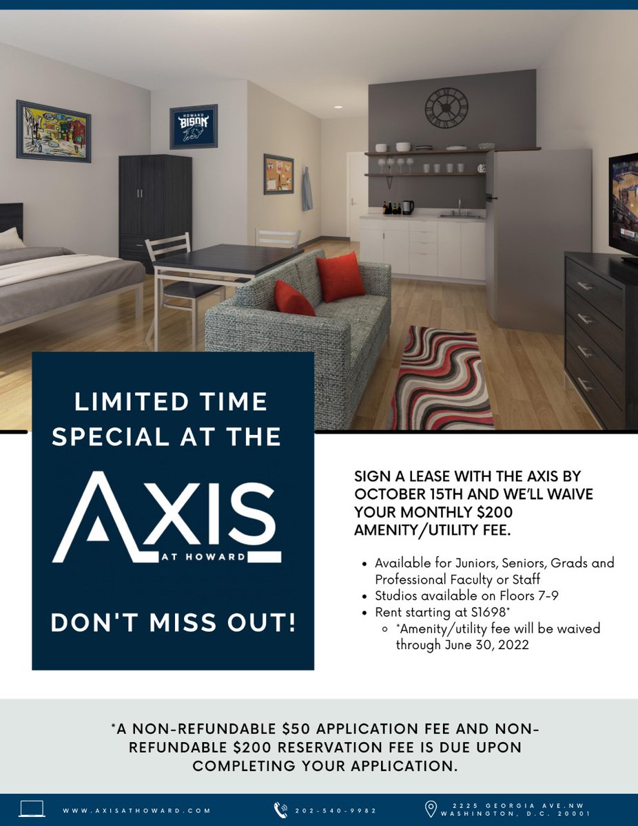 ResLifeAtHoward's tweet image. LIMITED TIME SPECIAL: 

Sign a lease with the Axis at Howard by October 15th and they’ll waive your monthly $200 amenity/utility fee! For more information, please call the Axis at Howard at 202-540-9982 and visit gradhousingathoward.com.