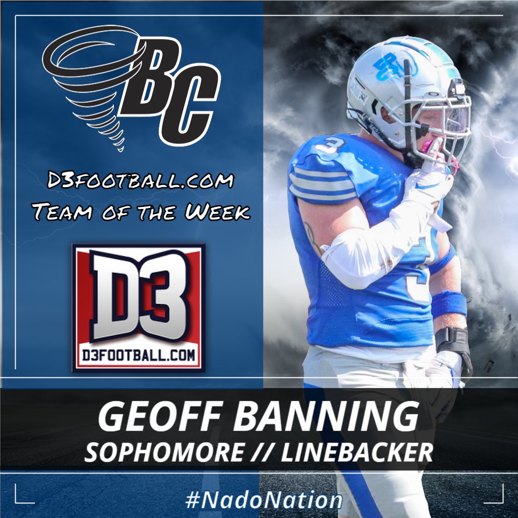 Brevard College Athletics (@bctornados) on Twitter photo Football: BREAKING NEWS - Congrats to <a href="/BrevardF5/">BC Football 🌪</a> sophomore linebacker Geoff Banning for being selected to the <a href="/d3football/">D3football.com</a> Team of the Week after his performance vs. Huntingdon! Banning racked up eight tackles with 3.5 tackles-for-loss and half a sack! #NadoNation #d3fb Football: BREAKING NEWS - Congrats to <a href="/BrevardF5/">BC Football 🌪</a> sophomore linebacker Geoff Banning for being selected to the <a href="/d3football/">D3football.com</a> Team of the Week after his performance vs. Huntingdon! Banning racked up eight tackles with 3.5 tackles-for-loss and half a sack! #NadoNation #d3fb