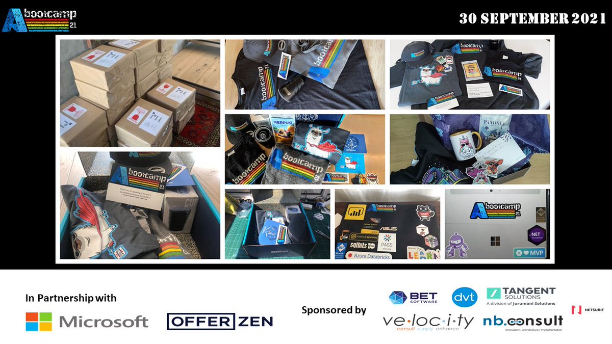 A MASSIVE Thank You to our amazing sponsors.   Without you the event would not be possible + we would not be able to provide the goodies like this! We hope the speakers are all enjoying their gifts courtesy of the sponsors. Join us 30 Sep: azurebootcamp.co.za 😍