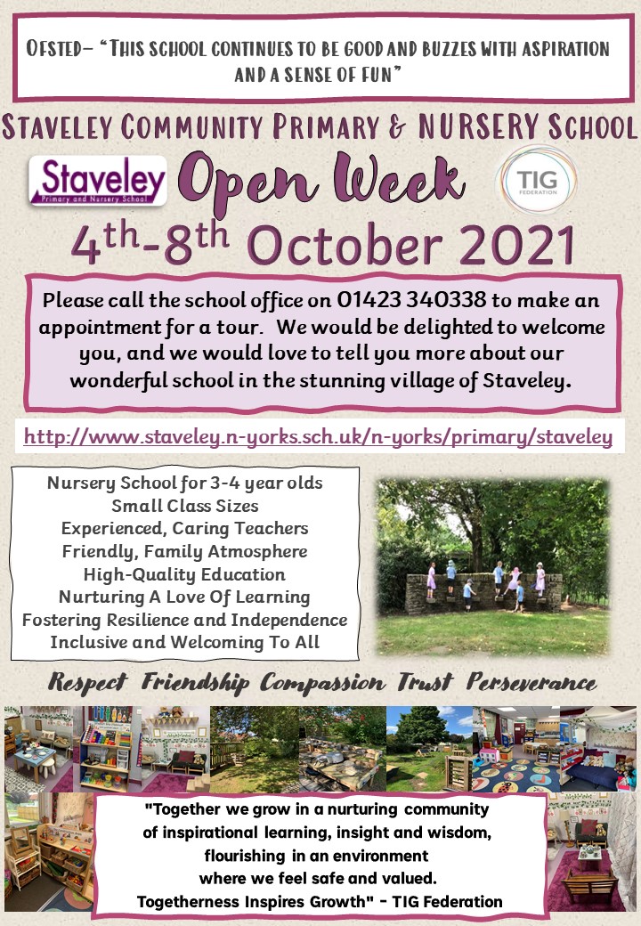 Do you have a child due to start school in September 2022? Are you moving in to the area? Looking for a nursery place for your 3 year old? Come and visit our friendly village school during our Open Week - 4th to 8th October. We'd love to meet you!
