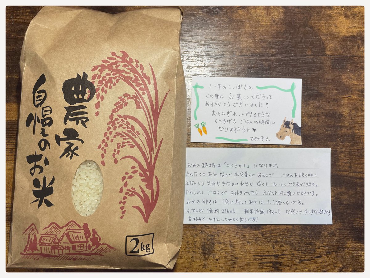 ぴのもるさん(@molphy73 )のプレゼント企画で新米が当選しました🌾
やったー!!!

採れたての風味を感じながら美味しくいただきます!
お馬さんとニンジンさんのイラストがかわいい😃ほっこり

この度はありがとうございます! 