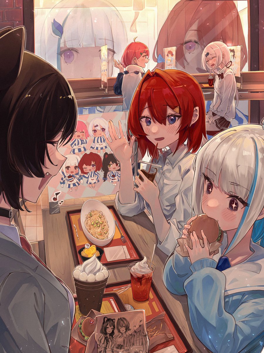 ange katrina ,inui toko ,lize helesta multiple girls burger food red hair white hair blush cup  illustration images
