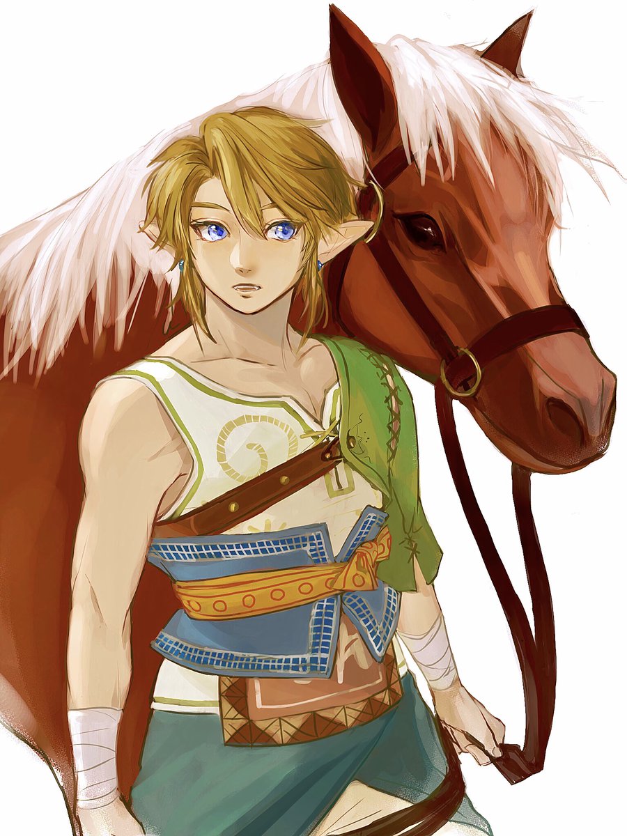 link 1boy blonde hair male focus blue eyes pointy ears earrings horse  illustration images