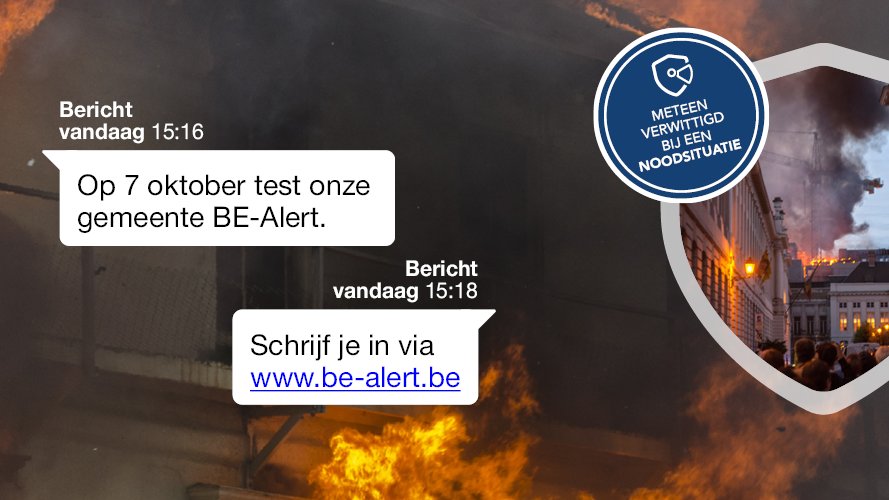 Meteen verwittigd bij een noodsituatie? Op 7 oktober test onze gemeente #BEalert. Wil je ook een bericht ontvangen? Registreer je vandaag nog via be-alert.be