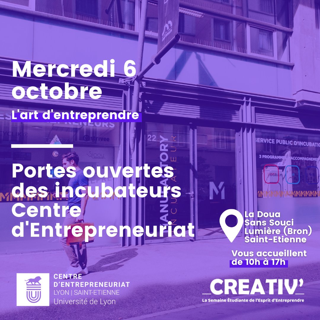 Semaine #CREATIV2021 - Journée Portes Ouvertes des incubateurs 📆 le mercredi 6 Octobre de 10h à 17h, pour le 2ème jour de la Semaine CREATIV', les incubateurs du Centre d'Entrepreneuriat vous accueillent en compagnie d'@Enactus Inscrivez-vous par ici 👉 bit.ly/3EnFfXD