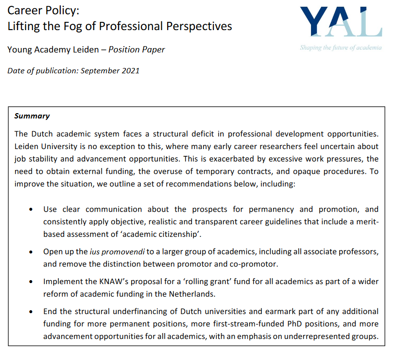 YALeiden's tweet photo. How can we improve career perspectives in academia? Young Academy Leiden discusses this topic in its new position paper. ⤵️🧵 https://t.co/9gOvXfU2zP https://t.co/kfSMMIGNqR