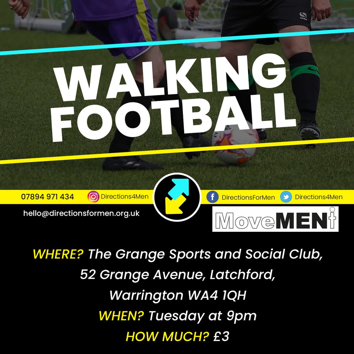 DirectionsForMen (@directions4men) on Twitter photo Fancy some walking football? Come and join a great bunch of lads tonight at The Grange Sports and Social Club, 52 Grange Avenue, Latchford, #Warrington WA4 1QH
What time? 9pm
How much? £3
<a href="/MoveMENt_WA/">MoveMENt_WA</a> Fancy some walking football? Come and join a great bunch of lads tonight at The Grange Sports and Social Club, 52 Grange Avenue, Latchford, #Warrington WA4 1QH
What time? 9pm
How much? £3
<a href="/MoveMENt_WA/">MoveMENt_WA</a>