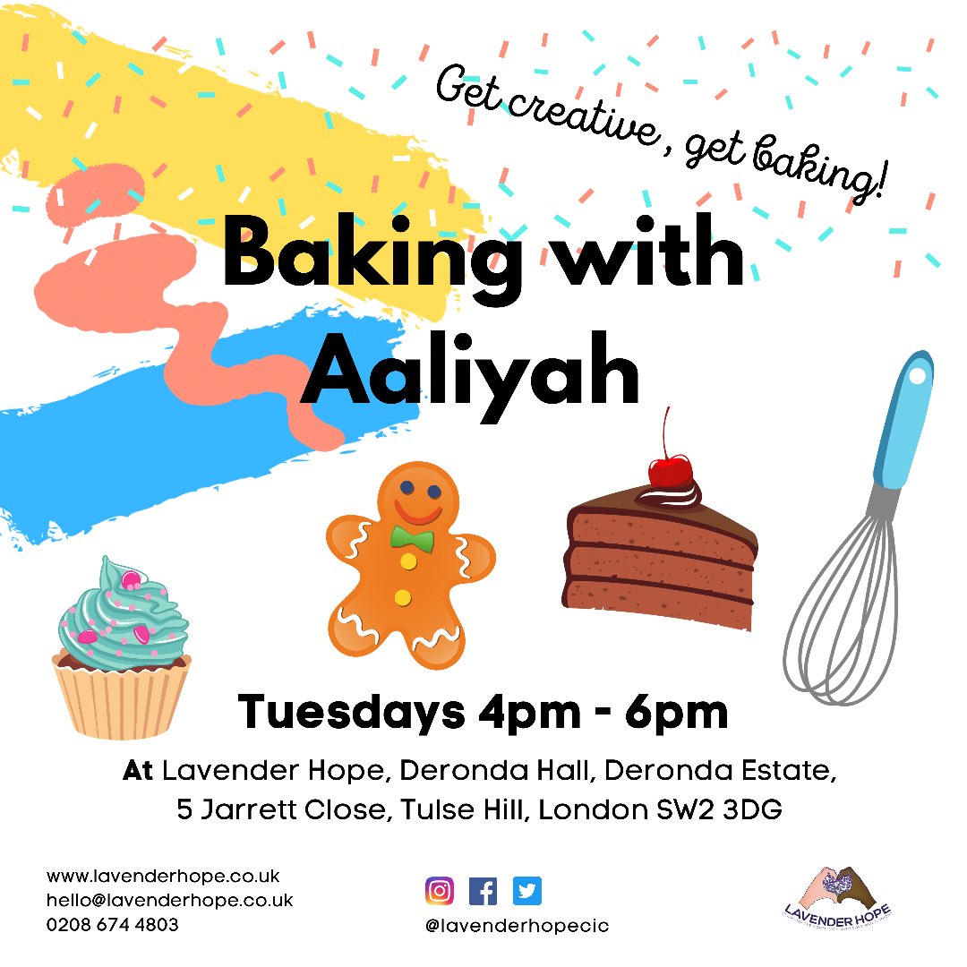 LavenderHopeCIC's tweet photo. Baking has moved to a new slot.
It will now take place on Tuesdays instead of Thursdays, usual time 4pm - 6pm.

#timetobake #childrensbaking #letsmakesomething #getcreative #cupcakes #pancakes #cakes #brownies #biscuits #lambeth #lovelambeth #tulsehill https://t.co/wurJBKZPsG
