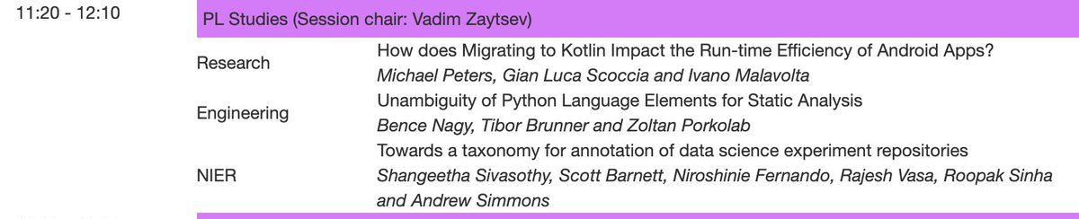 aserebrenik's tweet photo. Next at #scam21: studies of programming languages, chaired by @grammarware, with talks about @kotlin by @IMalavolta, Python by Zoltan Porkolab and data science languages by Shangeetha Sivasothy et al. @ieeescam https://t.co/wsyikmms8F
