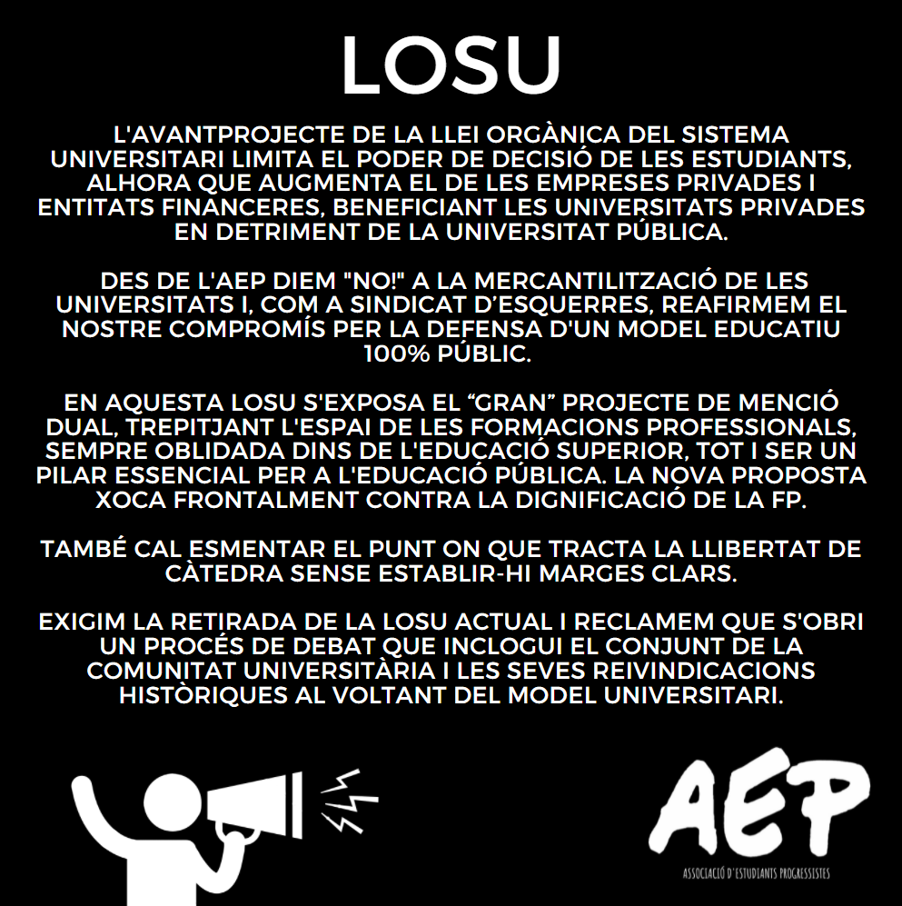 📋 Durant els últims mesos, el ministeri al càrrec de les universitats ha perfilat unes lleis que deixen molt a desitjar.

🗣️ Volem una LOSU i una LCU que recullin les demandes del moviment estudiantil!