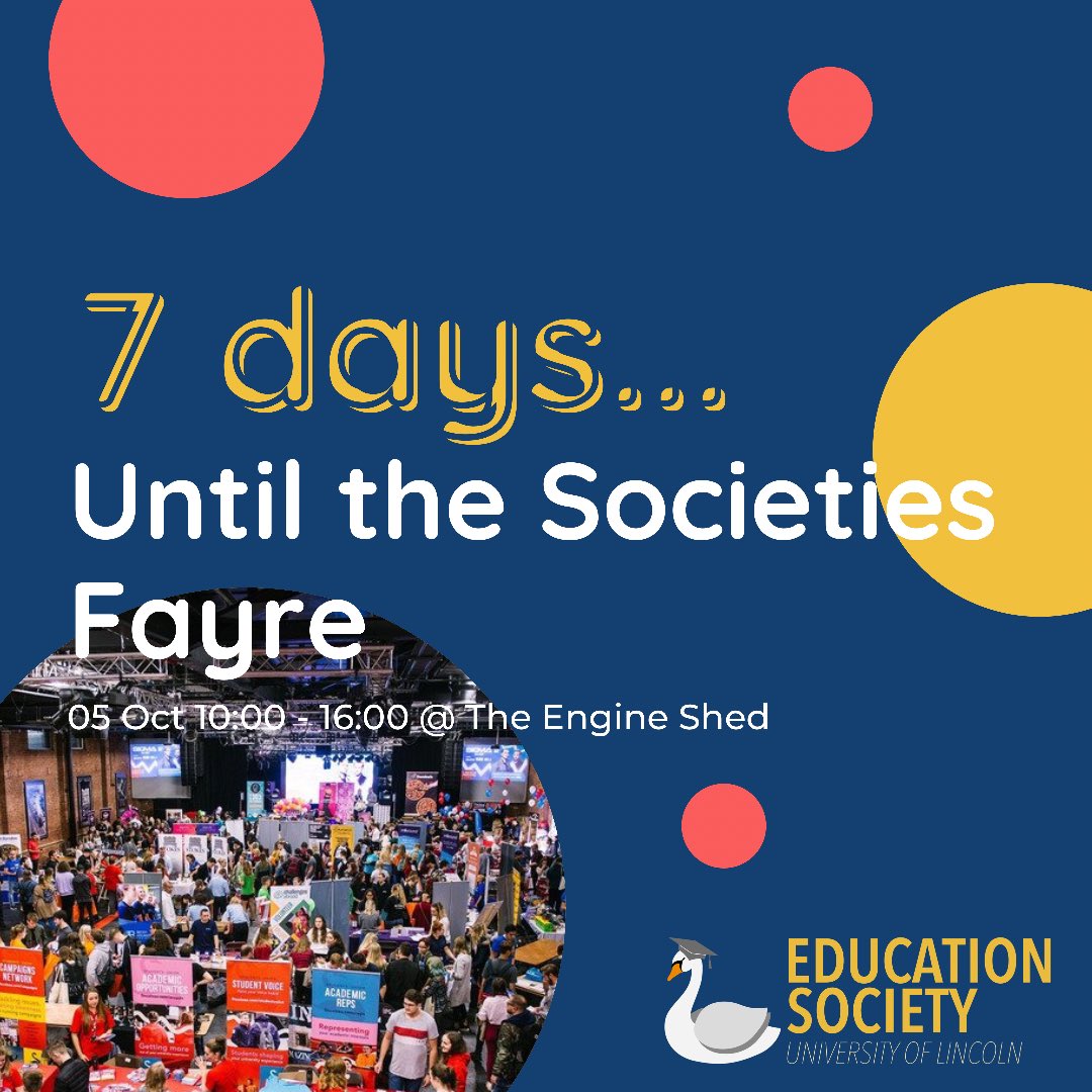 The countdown is on until we get to meet you all at the Societies Fayre!!

🗓Tuesday 5th October
📍The Engine Shed
⏰10am - 4pm

We look forward to seeing you all there😊

- EdSoc Committee🎓

#EdSoc #LincolnEdSoc #WeAreLincoln #EducationSociety #UniLincoln #UoL @ULSchoolofEd