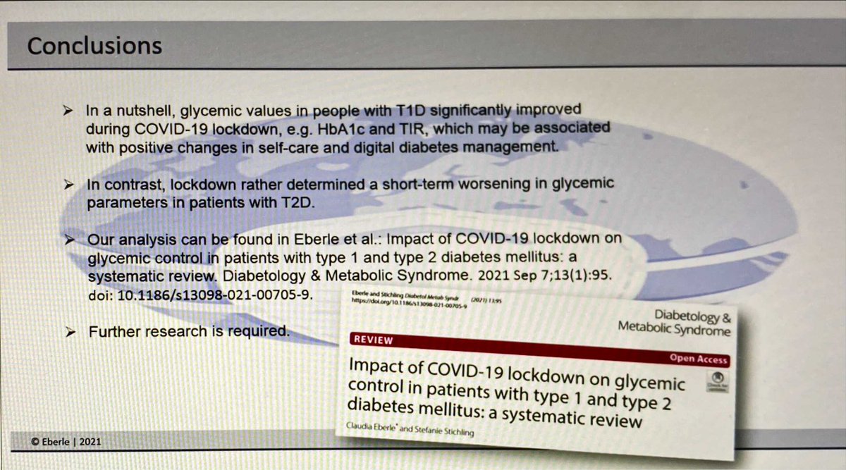 The impact #Covid19lockdown on glycemic control in #T1D & #T2D #Diabetes #systematicRV 

⬆️ significant Improvement in #T1D Hba1c & TIR 
⬇️ Short term worsening in glycemic parameters in #T2D 

🧐 Conclusion #SelfCare & #DigitalDiabetes management very important ✅✅ #EASD2021
