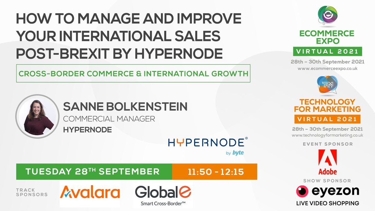 In half an hour our commercial manager Sanne Bolkenstein will be speaking at the <a href="/ecommerceexpo/">eCommerce Expo</a>. Give her a digital applause &amp; learn all about how to manage and improve international sales post-Brexit.

You can still sign up here: rfg.circdata.com/publish/ECE_TF….

#ece21 #tfm21