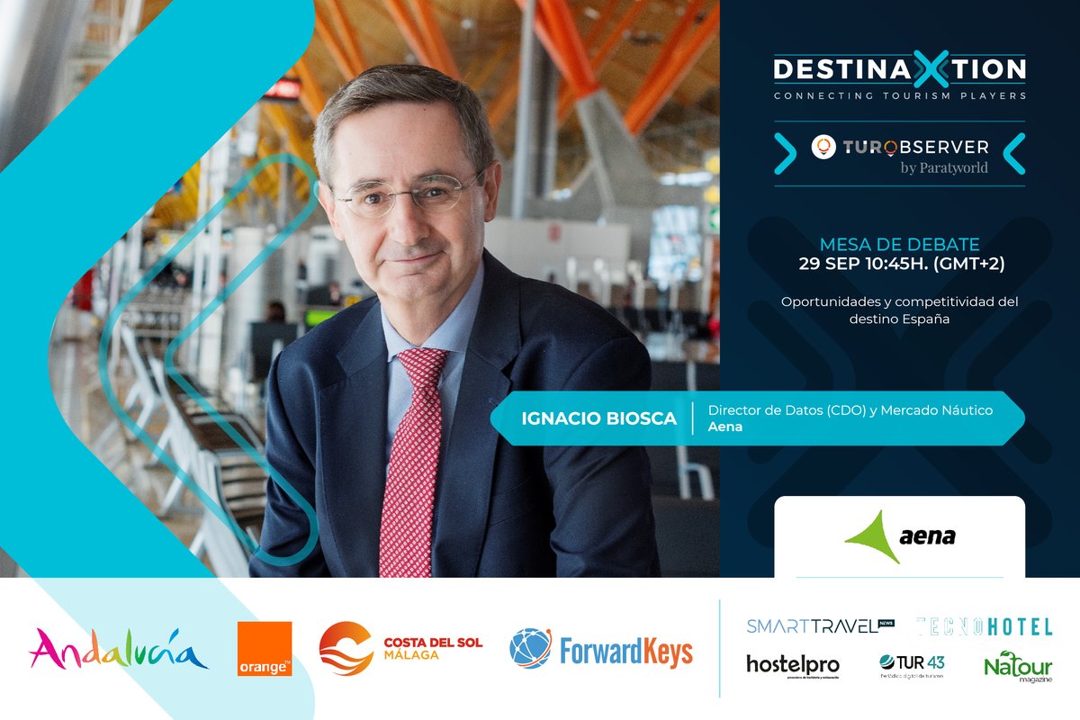 aena's tweet photo. 📍 Ignacio Biosca, director de Datos y Mercado Aeronáutico de Aena, participa mañana en la feria virtual #DestinaXtion organizada por #Turobserver en la mesa “Oportunidades y competitividad del destino España”.  

📆 29.09.2021 - 10:45h
➡️ Más información https://t.co/SCJWjiJ5Zt https://t.co/0XeVPbUZ5q