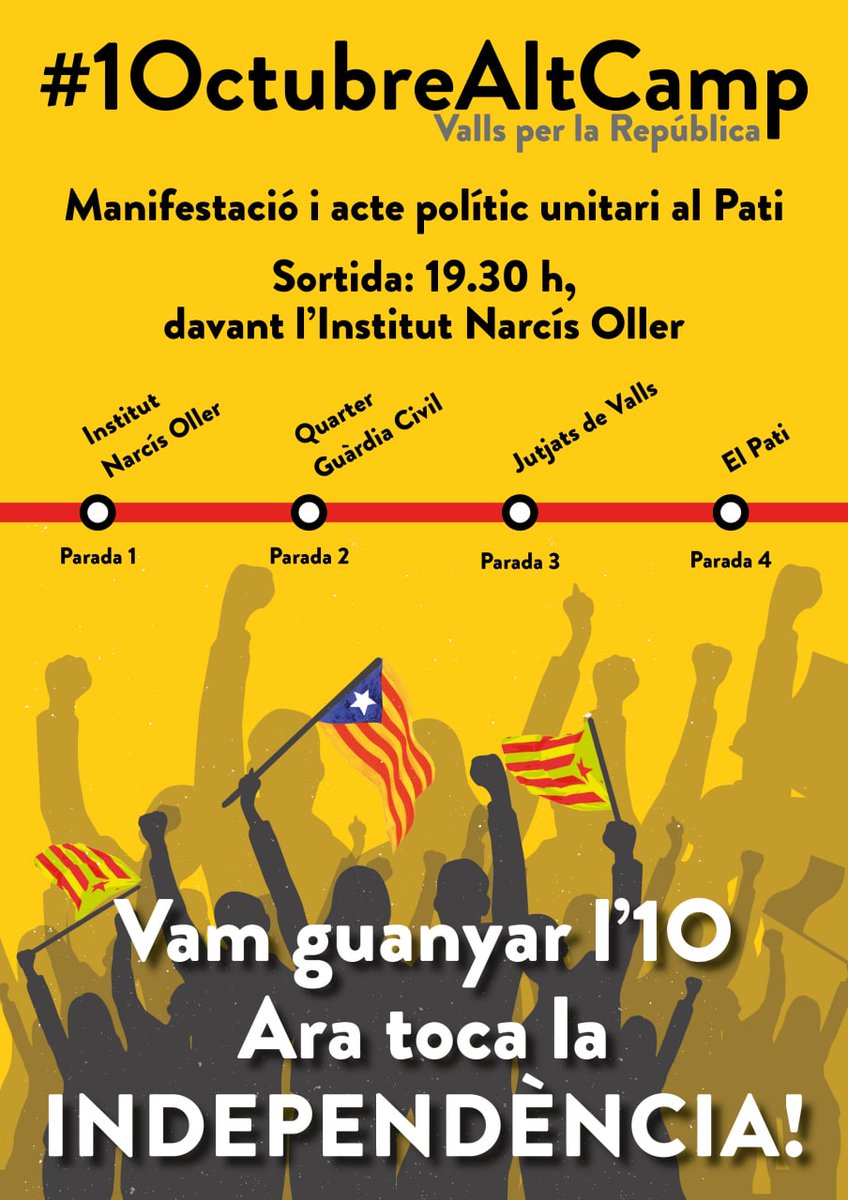📢 L'1 d'octubre, a Valls, recuperem els carrers!

Ni repressió, ni forces d'ocupació, ni polítics venuts ✊

L'1 d'octubre no és només per recordar, sinó per lluitar per un futur millor i per la República Catalana.

📍Ens veiem a les 19.30h davant el Narcís Oller❗